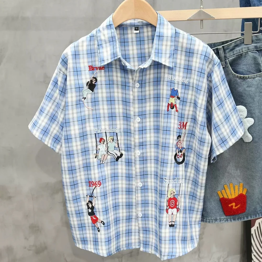 Blue Plaid Cartoon Embroidered Shirt - Picture 2 of 4